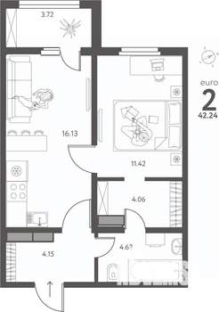 1-к квартира, сданный дом, 42м2, 1/17 этаж