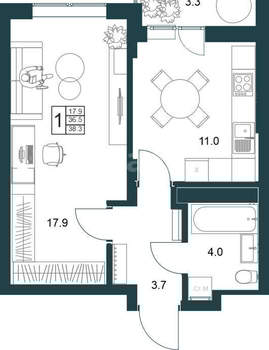 1-к квартира, вторичка, 40м2, 9/19 этаж