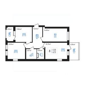 3-к квартира, строящийся дом, 82м2, 1/8 этаж