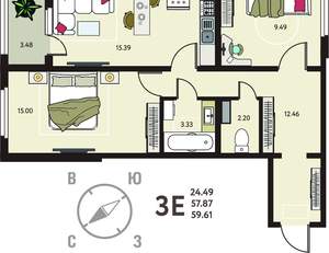 2-к квартира, сданный дом, 60м2, 5/18 этаж