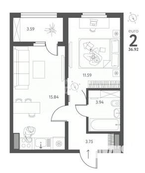 1-к квартира, вторичка, 37м2, 9/17 этаж