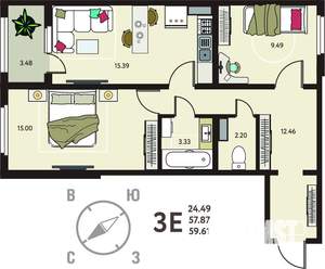 2-к квартира, сданный дом, 60м2, 16/18 этаж