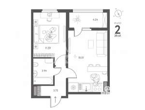 1-к квартира, сданный дом, 39м2, 10/17 этаж