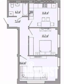 2-к квартира, сданный дом, 54м2, 3/5 этаж