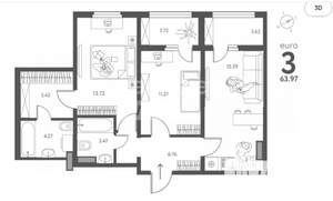 2-к квартира, вторичка, 64м2, 11/17 этаж