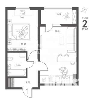 2-к квартира, вторичка, 39м2, 12/17 этаж