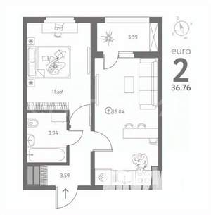 1-к квартира, вторичка, 37м2, 11/18 этаж