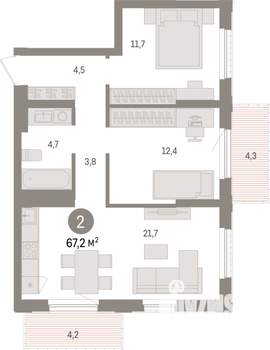 2-к квартира, строящийся дом, 67м2, 10/25 этаж