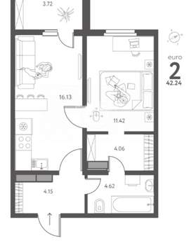 2-к квартира, вторичка, 42м2, 11/17 этаж