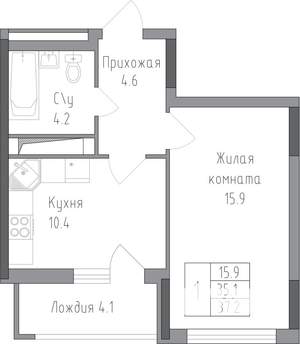 1-к квартира, строящийся дом, 37м2, 14/19 этаж