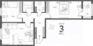 2-к квартира, сданный дом, 62м2, 13/17 этаж
