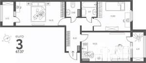 2-к квартира, сданный дом, 67м2, 9/17 этаж