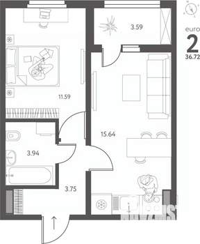 1-к квартира, вторичка, 37м2, 5/17 этаж
