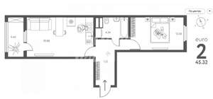 2-к квартира, вторичка, 45м2, 9/17 этаж