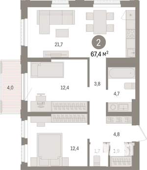 2-к квартира, строящийся дом, 67м2, 19/25 этаж