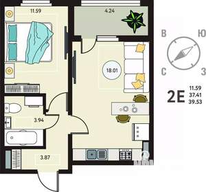 1-к квартира, сданный дом, 40м2, 5/18 этаж