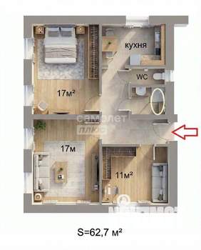 3-к квартира, вторичка, 63м2, 1/3 этаж