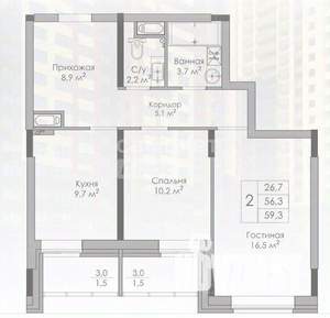 2-к квартира, вторичка, 59м2, 18/19 этаж