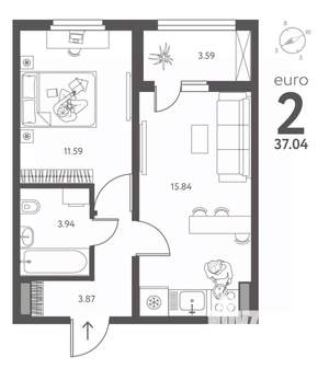 1-к квартира, строящийся дом, 37м2, 2/18 этаж