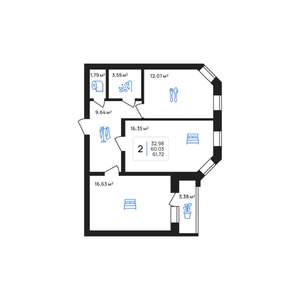 2-к квартира, строящийся дом, 62м2, 6/7 этаж