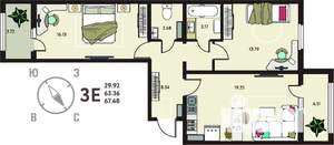 2-к квартира, сданный дом, 67м2, 5/18 этаж