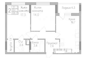 2-к квартира, вторичка, 67м2, 7/16 этаж