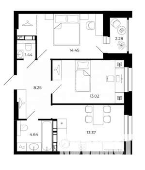 2-к квартира, вторичка, 55м2, 12/24 этаж