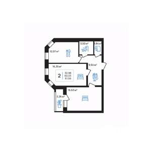 2-к квартира, строящийся дом, 62м2, 6/8 этаж