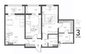 2-к квартира, строящийся дом, 67м2, 3/18 этаж