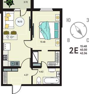 1-к квартира, сданный дом, 42м2, 15/18 этаж