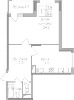 1-к квартира, строящийся дом, 59м2, 17/17 этаж