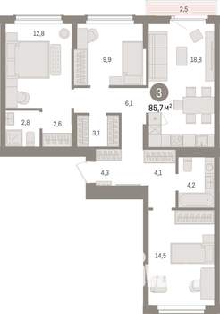 3-к квартира, строящийся дом, 86м2, 6/25 этаж