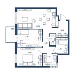 3-к квартира, сданный дом, 71м2, 13/25 этаж