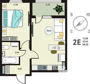 1-к квартира, сданный дом, 40м2, 16/18 этаж