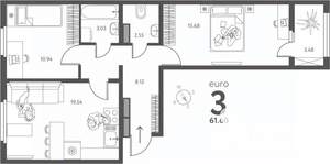 2-к квартира, сданный дом, 62м2, 10/17 этаж