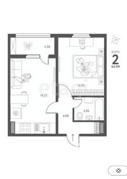 1-к квартира, вторичка, 45м2, 4/17 этаж