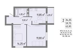 2-к квартира, строящийся дом, 64м2, 7/19 этаж