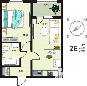 1-к квартира, сданный дом, 37м2, 16/18 этаж