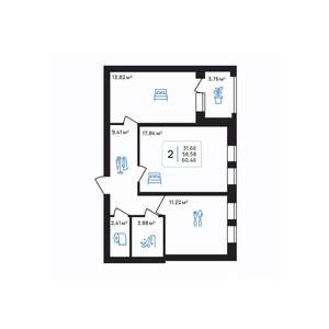 2-к квартира, строящийся дом, 60м2, 4/8 этаж