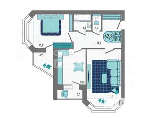 2-к квартира, вторичка, 63м2, 1/18 этаж