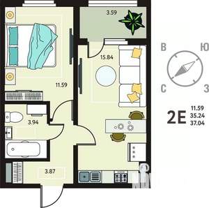 1-к квартира, вторичка, 37м2, 13/18 этаж