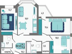 3-к квартира, строящийся дом, 82м2, 1/18 этаж