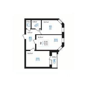 2-к квартира, строящийся дом, 62м2, 5/8 этаж