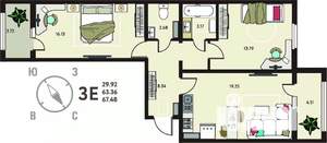 2-к квартира, сданный дом, 67м2, 16/18 этаж