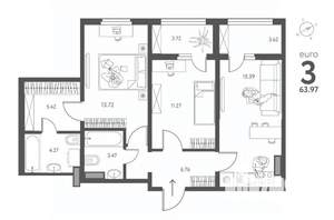 2-к квартира, строящийся дом, 64м2, 17/17 этаж