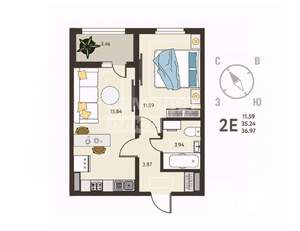 1-к квартира, вторичка, 37м2, 13/25 этаж