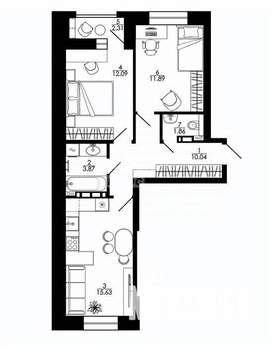 2-к квартира, строящийся дом, 60м2, 9/15 этаж