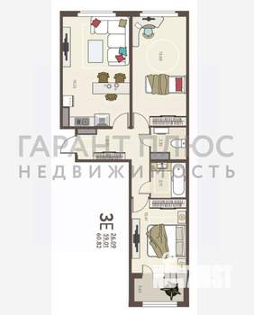 3-к квартира, сданный дом, 62м2, 9/17 этаж