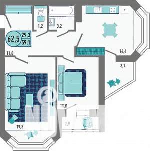 2-к квартира, строящийся дом, 63м2, 13/18 этаж