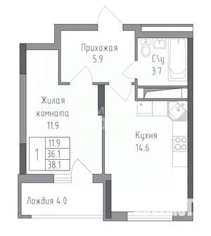 1-к квартира, вторичка, 38м2, 15/19 этаж